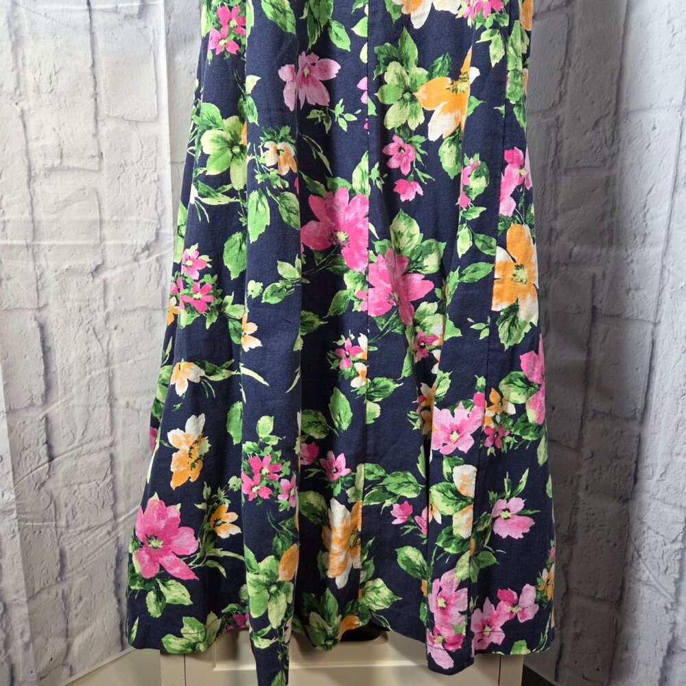 Old Navy Extra Large Navy Blue Floral Linen Blend Smocked Cottagecore Midi Dress - Picture 3 of 10